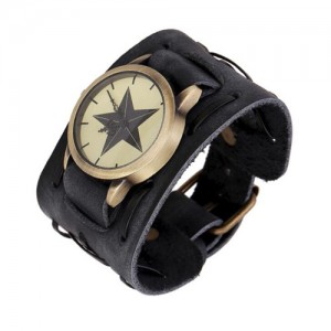 Pentagram Theme Vintage Dial Punk High Fashion Leather Wrist Watch - Black
