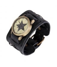 Pentagram Theme Vintage Dial Punk High Fashion Leather Wrist Watch - Black