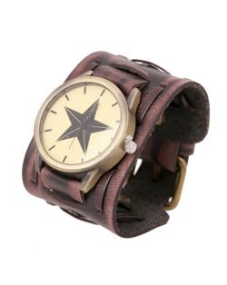 Pentagram Theme Vintage Dial Punk High Fashion Leather Wrist Watch - Brown