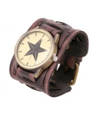 Pentagram Theme Vintage Dial Punk High Fashion Leather Wrist Watch - Brown