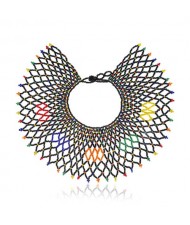 Mini Beads Fan-shape Collar Design Women Fashion Costume Necklace - Black and Multicolor