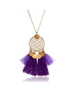 Cotton Tassel Hollow Floral Round Pendant Design Alloy Fashion Costume Necklace - Purple