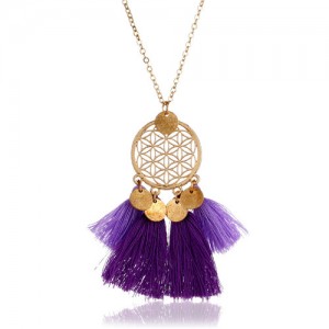Cotton Tassel Hollow Floral Round Pendant Design Alloy Fashion Costume Necklace - Purple
