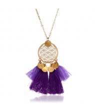 Cotton Tassel Hollow Floral Round Pendant Design Alloy Fashion Costume Necklace - Purple