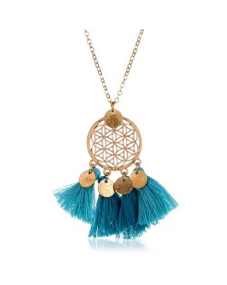 Cotton Tassel Hollow Floral Round Pendant Design Alloy Fashion Costume Necklace - Sky Blue