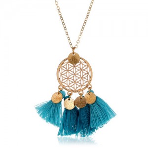 Cotton Tassel Hollow Floral Round Pendant Design Alloy Fashion Costume Necklace - Sky Blue