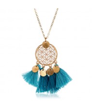 Cotton Tassel Hollow Floral Round Pendant Design Alloy Fashion Costume Necklace - Sky Blue