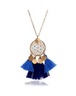 Cotton Tassel Hollow Floral Round Pendant Design Alloy Fashion Costume Necklace - Blue