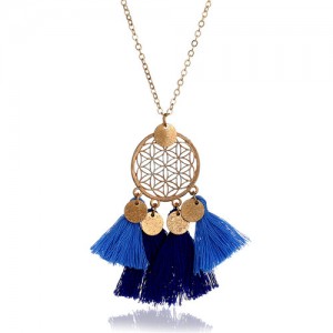 Cotton Tassel Hollow Floral Round Pendant Design Alloy Fashion Costume Necklace - Blue