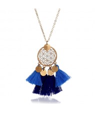 Cotton Tassel Hollow Floral Round Pendant Design Alloy Fashion Costume Necklace - Blue
