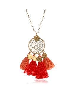 Cotton Tassel Hollow Floral Round Pendant Design Alloy Fashion Costume Necklace - Orange
