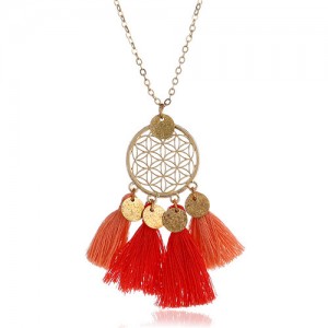 Cotton Tassel Hollow Floral Round Pendant Design Alloy Fashion Costume Necklace - Orange