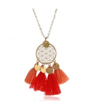 Cotton Tassel Hollow Floral Round Pendant Design Alloy Fashion Costume Necklace - Orange