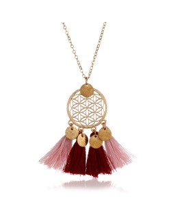 Cotton Tassel Hollow Floral Round Pendant Design Alloy Fashion Costume Necklace - Wine Red