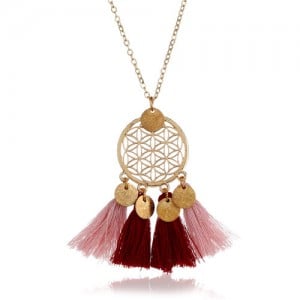 Cotton Tassel Hollow Floral Round Pendant Design Alloy Fashion Costume Necklace - Wine Red