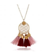 Cotton Tassel Hollow Floral Round Pendant Design Alloy Fashion Costume Necklace - Wine Red