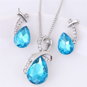 Angel Tears Shining Design Glass Necklace and Earrings Set - Sky Blue