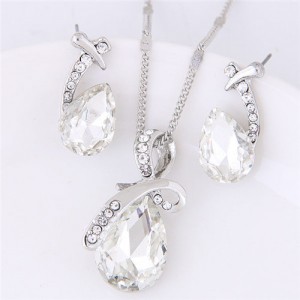 Angel Tears Shining Design Glass Necklace and Earrings Set - White