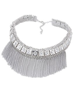 Shining Rhinestone Embellished Squares Tassel Chains Collar Style Costume Necklace