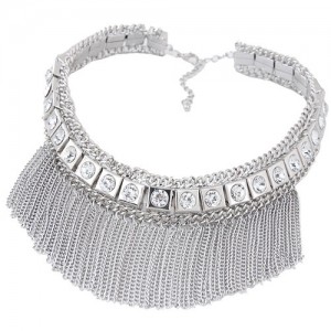 Shining Rhinestone Embellished Squares Tassel Chains Collar Style Costume Necklace