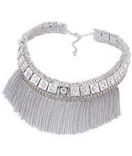 Shining Rhinestone Embellished Squares Tassel Chains Collar Style Costume Necklace