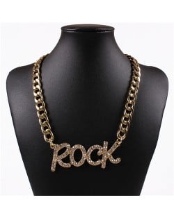 Rhinestone Embellished Rock Pendant Chunky Chain Design High Fashion Necklace - Golden