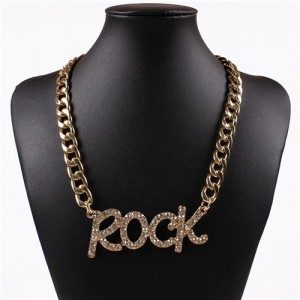 Rhinestone Embellished Rock Pendant Chunky Chain Design High Fashion Necklace - Golden
