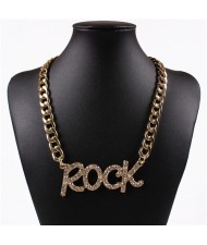 Rhinestone Embellished Rock Pendant Chunky Chain Design High Fashion Necklace - Golden