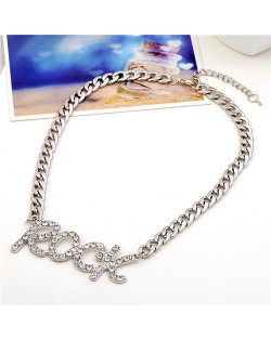 Rhinestone Embellished Rock Pendant Chunky Chain Design High Fashion Necklace - Silver