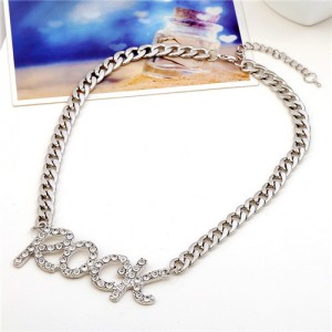 Rhinestone Embellished Rock Pendant Chunky Chain Design High Fashion Necklace - Silver