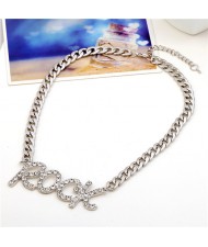 Rhinestone Embellished Rock Pendant Chunky Chain Design High Fashion Necklace - Silver