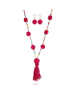 Fluffy Balls Embellished Beads Tassel Design Women Costume Necklace and Earrings Set - Rose