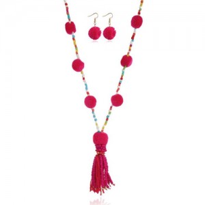Fluffy Balls Embellished Beads Tassel Design Women Costume Necklace and Earrings Set - Rose