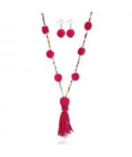 Fluffy Balls Embellished Beads Tassel Design Women Costume Necklace and Earrings Set - Rose