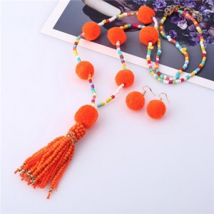 Fluffy Balls Embellished Beads Tassel Design Women Costume Necklace and Earrings Set - Orange