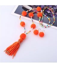 Fluffy Balls Embellished Beads Tassel Design Women Costume Necklace and Earrings Set - Orange