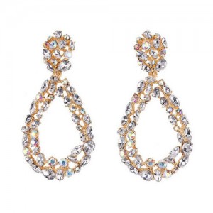 Rhinestone Embellished Hollow Waterdrop Design High Fashion Women Costume Earrings