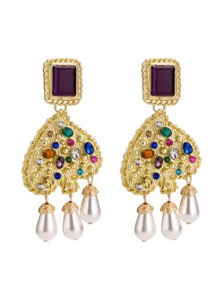 Beads Embellished Dangling Shining Heart High Fashion Earrings - Yellow