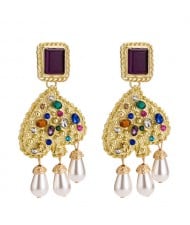 Beads Embellished Dangling Shining Heart High Fashion Earrings