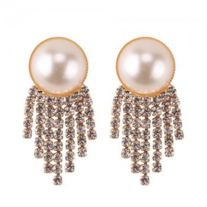 Shining Tassel Pearl Fashion Women Statement Earrings - Golden