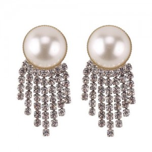 Shining Tassel Pearl Fashion Women Statement Earrings - Silver