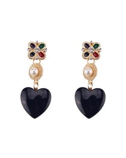 Pearl Inlaid Resin Heart Graceful Design Women Fashion Statement Earrings - Black