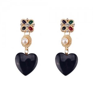 Pearl Inlaid Resin Heart Graceful Design Women Fashion Statement Earrings - Black