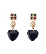 Pearl Inlaid Resin Heart Graceful Design Women Fashion Statement Earrings - Black