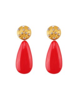 Rhinestone Inlaid Resin Waterdrop High Fashion Women Costume Earrings - Red