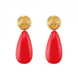 Rhinestone Inlaid Resin Waterdrop High Fashion Women Costume Earrings - Red