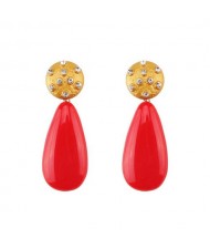 Rhinestone Inlaid Resin Waterdrop High Fashion Women Costume Earrings - Red