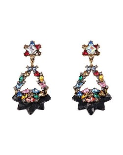 Gem Embellished Dangling Floral Hoop Design Fashion Earrings - Black