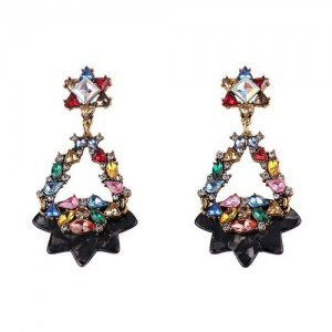 Gem Embellished Dangling Floral Hoop Design Fashion Earrings - Black