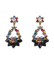 Gem Embellished Dangling Floral Hoop Design Fashion Earrings - Black